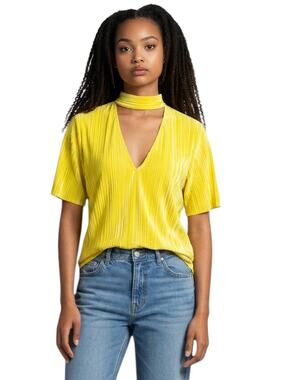 New MONKL Yellow Velvet Short Sleeve Top Blouse S